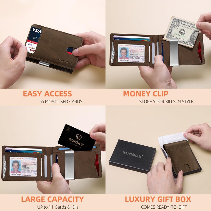 RUNBOX Money Clip Wallets for Men,Slim Leather Mens Bifold Wallet,RFID Blocking Front Pocket Wallet,Thin Credit Card Holder with Gift Box - Image 2